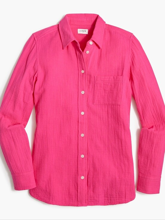 J. Crew Tops - J.Crew Double-Gauze Button-Up Shirt Size Large Hot Pink